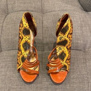 Dollhouse Orange and Yellow Snakeskin Heels